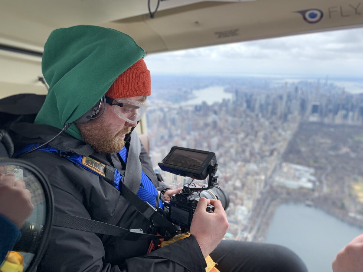 Shooting video from a helicopter over Manhattan