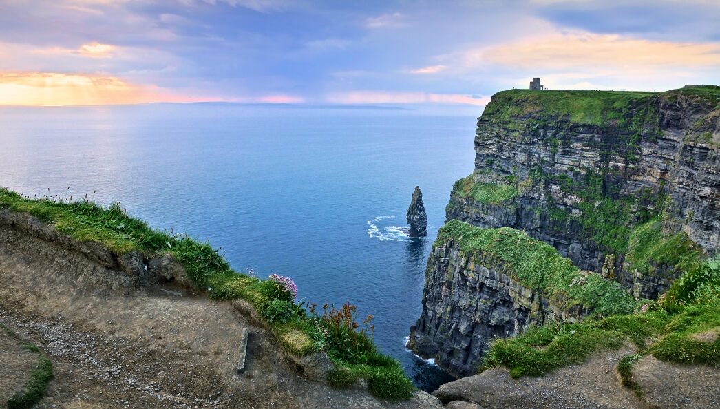 Panoramic sunset at the Cliffs of Moher with Branaunmore sea stack, Ireland