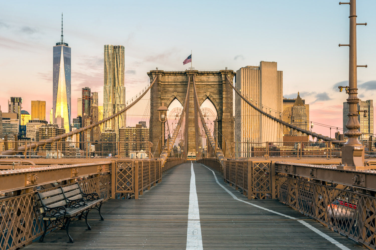 Brooklyn Bridge and Lower Manhattan at Sunrise, New York City