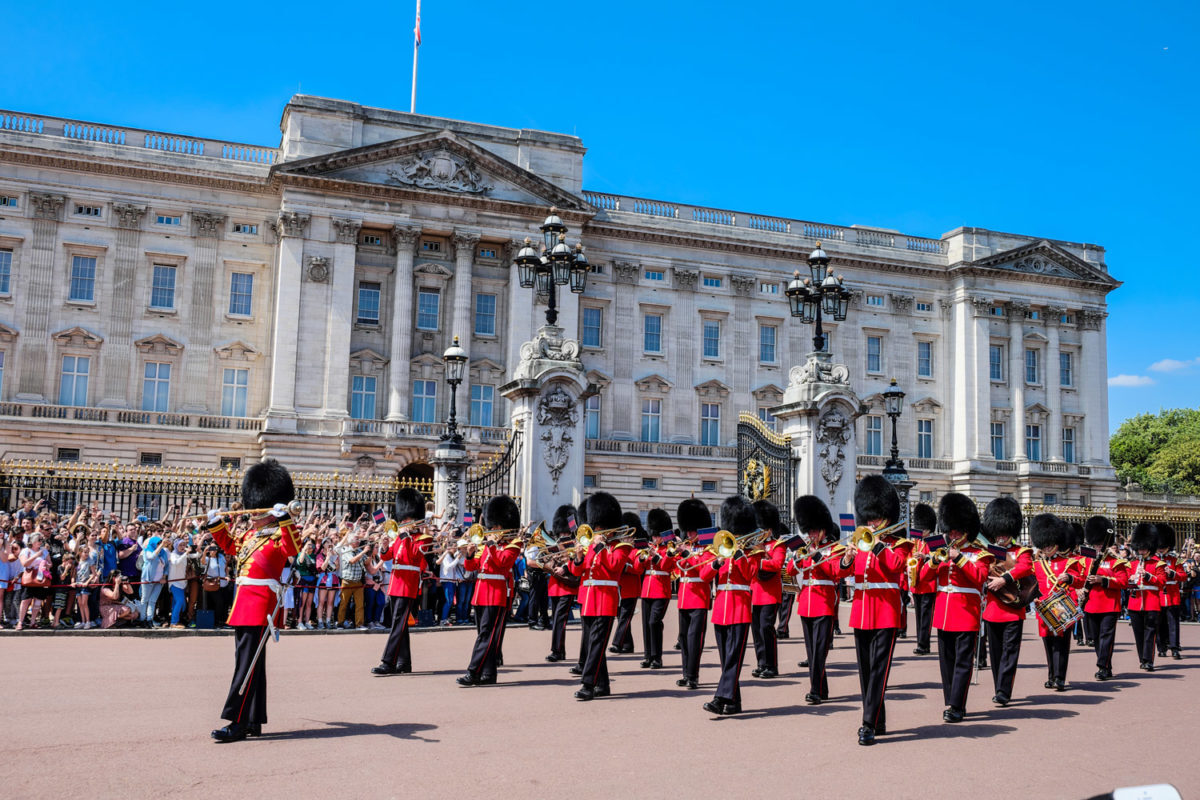 british royal guards the military band performing the changing of guard at buckingham palace london